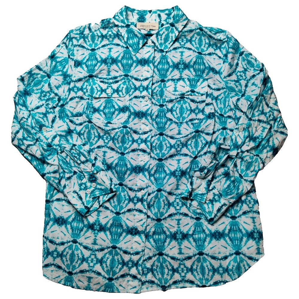 JONES NEW YORK SPORT Women Plus 1X Cotton Teal Tie‎ Dye Button-Up Shirt